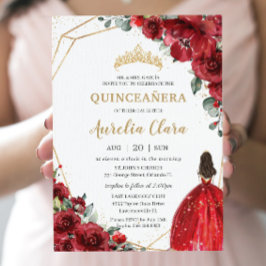 Chic Quinceañera Röd ros Flowers Blommigt Princess Inbjudningar