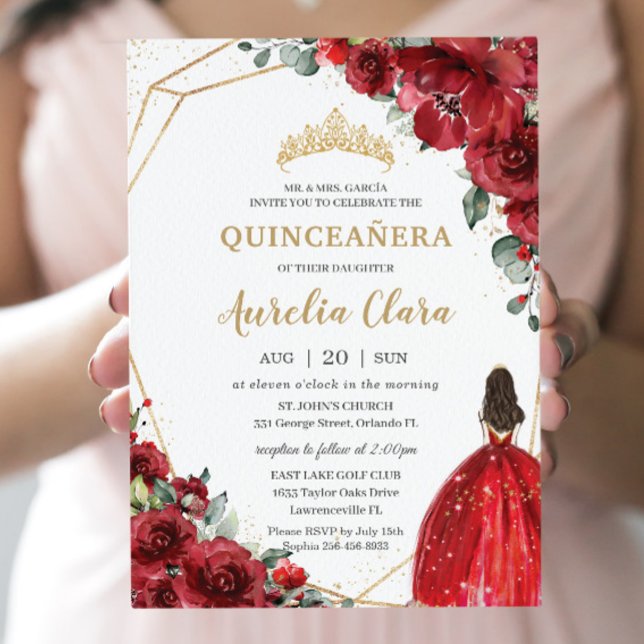 Chic Quinceañera Röd ros Flowers Blommigt Princess Inbjudningar (Skapare uppladdad)