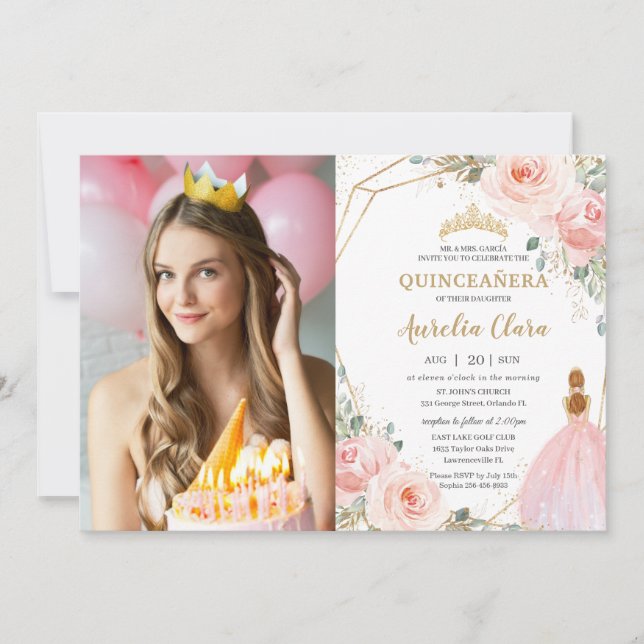 Chic Quinceañera  Rosa Blommigt 15 Anos Photo Inbjudningar (Framsida)