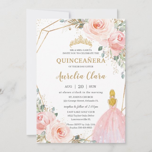 Chic Quinceañera  Rosa Blommigt Blonde Birthday Inbjudningar (Framsida)