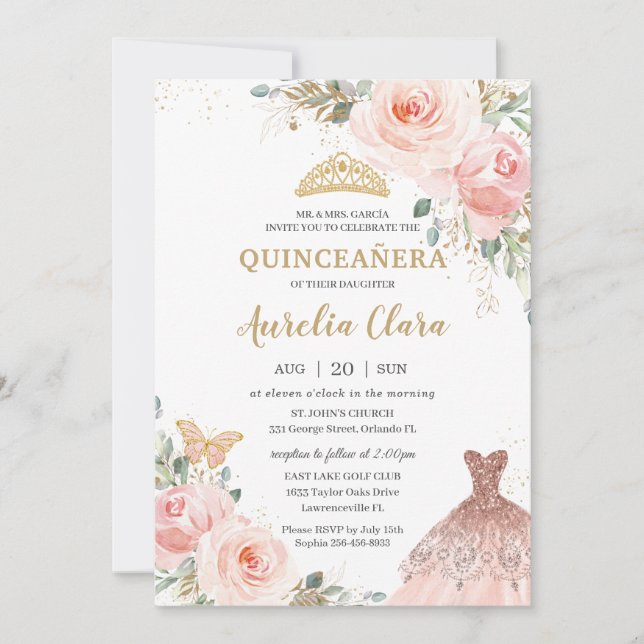 Chic Quinceañera  Rosa Blommigt Dress Birthday Inbjudningar (Framsida)