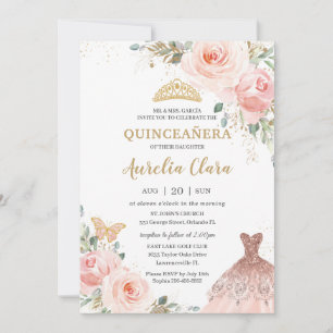 Chic Quinceañera Rosa Blommigt Dress Birthday Inbjudningar