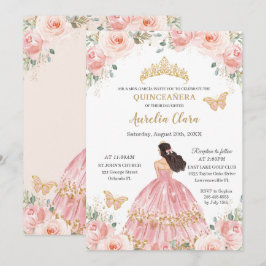 Chic Quinceañera  Rosa Blommigt Guld Princess Inbjudningar