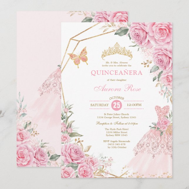 Chic Quinceañera Rosa Guld Ro Krona Princess Inbjudningar (Fram/baksida)