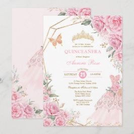 Chic Quinceañera Rosa Guld Ro Krona Princess Inbjudningar