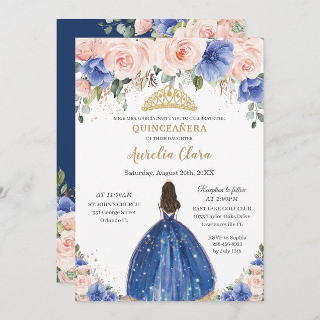 Chic Quinceañera Royal Blue  Blommigt Princess Inbjudningar (Fram/baksida)