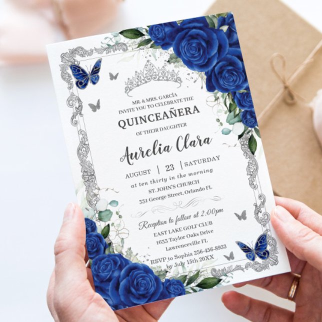 Chic Quinceañera Royalblå Blommig Vintage Silver Inbjudningar (Skapare uppladdad)