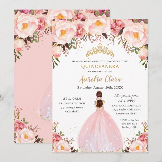 Chic Quinceañera Soft  Blommigt Princess Inbjudningar (Fram/baksida)