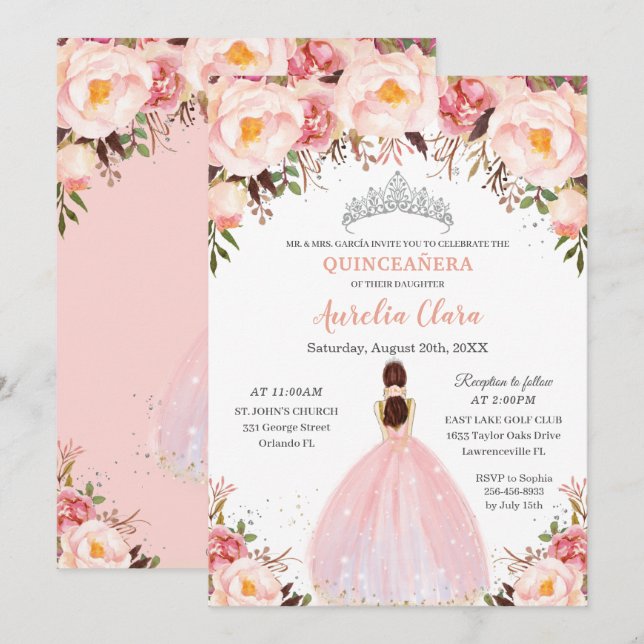 Chic Quinceañera Soft  Blommigt Princess Silver Inbjudningar (Fram/baksida)
