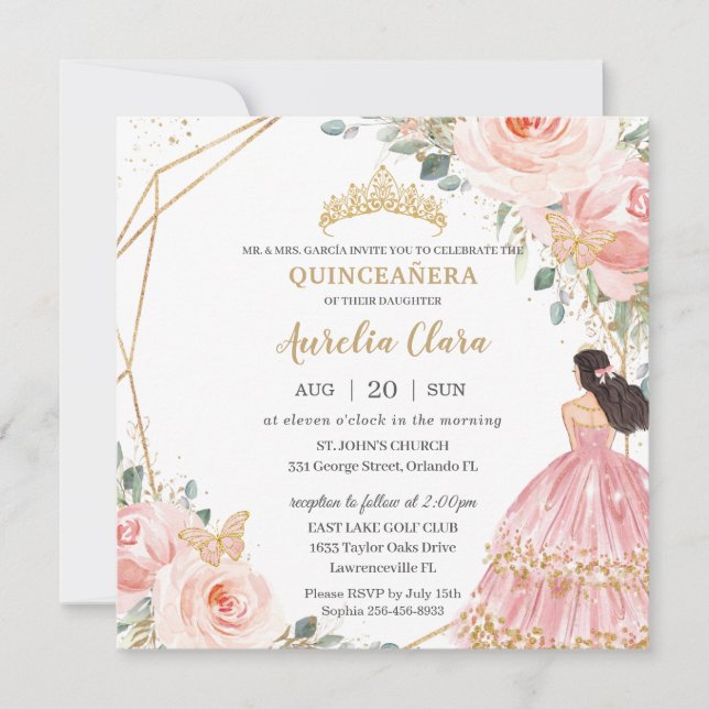 Chic Quinceañera Soft  Rosa Blommigt Princess Inbjudningar (Framsida)