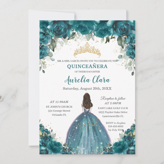 Chic Quinceañera Teal Cyan Blommigt Princess Krona Inbjudningar (Framsida)