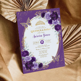 Chic Quinceañera Violet Guld Flower Butterfly Inbjudningar