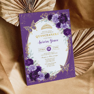 Chic Quinceañera Violet Guld Flower Butterfly Inbjudningar