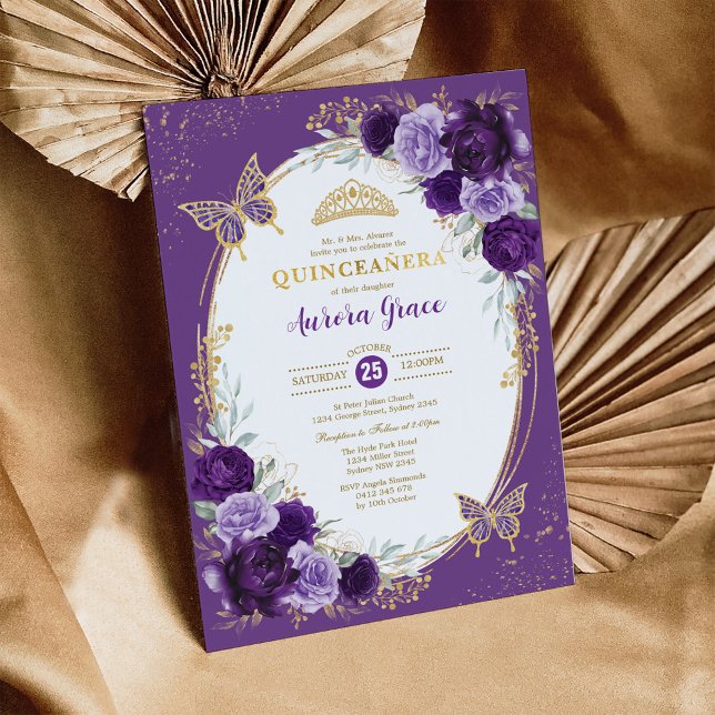 Chic Quinceañera Violet Guld Flower Butterfly Inbjudningar (Skapare uppladdad)