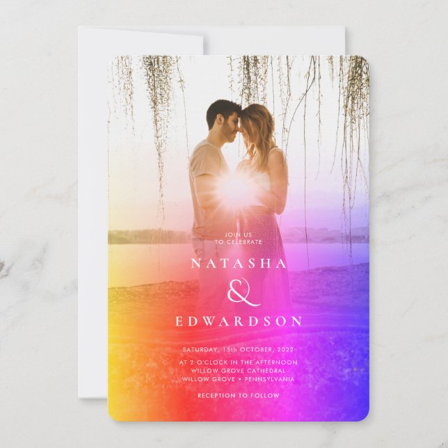 Chic Rainbow Abstrakt Overlay Photo Bröllop Inbjudningar (Framsida)