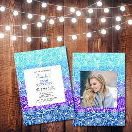 Chic Rainbow Blue Rand Blommigt Photo Birthday Inbjudningar