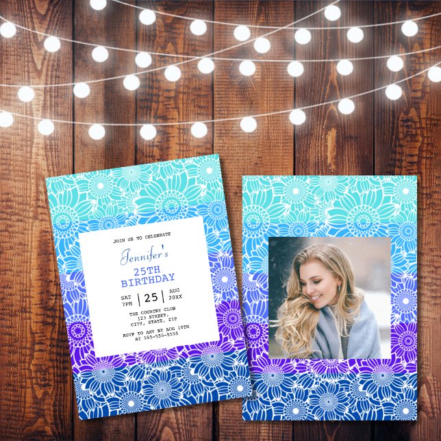 Chic Rainbow Blue Rand Blommigt Photo Birthday Inbjudningar (Skapare uppladdad)