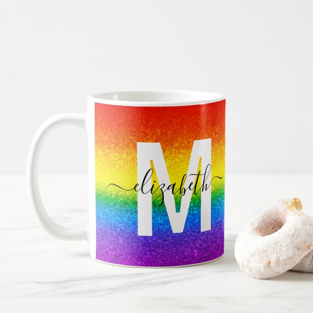 Chic Rainbow Glitter Rand Monogram Namn Kaffemugg (Med munk)