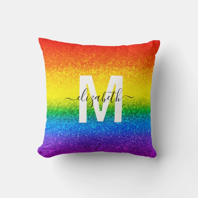 Chic Rainbow Glitter Rand Monogram Namn Kudde (Framsida)