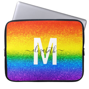 Chic Rainbow Glitter Rand Monogram Namn Laptop Fodral