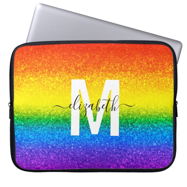 Chic Rainbow Glitter Rand Monogram Namn Laptop Fodral (Framsidan)