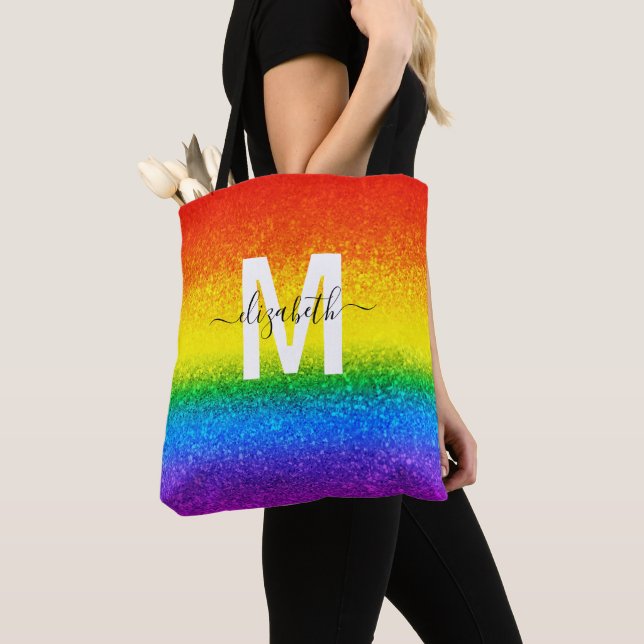 Chic Rainbow Glitter Rand Monogram Namn Tygkasse (Närbild)