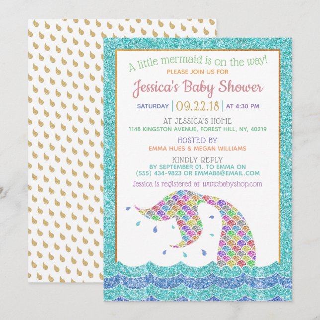 Chic Rainbow Glitter Sjöjungfru Baby Shower Inbjudningar (Fram/baksida)