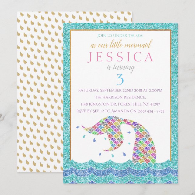 Chic Rainbow Glitter Sjöjungfru vid någon ålder Inbjudningar (Fram/baksida)