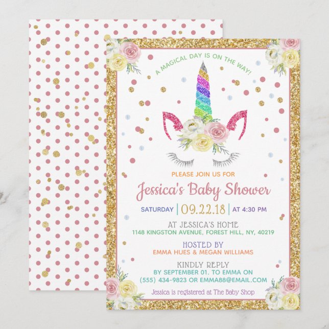 Chic Rainbow Glitter Unicorn Baby Shower Inbjudningar (Fram/baksida)