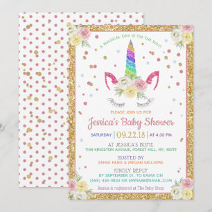 Chic Rainbow Glitter Unicorn Baby Shower Inbjudningar