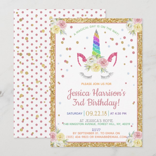 Chic Rainbow Glitter Unicorn oavsett ålder Inbjudningar (Fram/baksida)