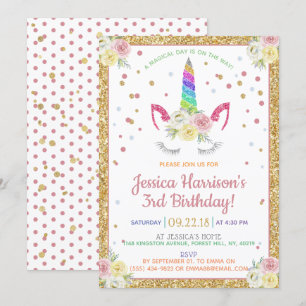 Chic Rainbow Glitter Unicorn oavsett ålder Inbjudningar