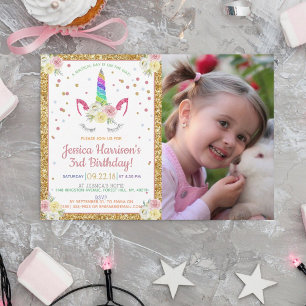 Chic Rainbow Glitter Unicorn Photo Birthday Inbjudningar