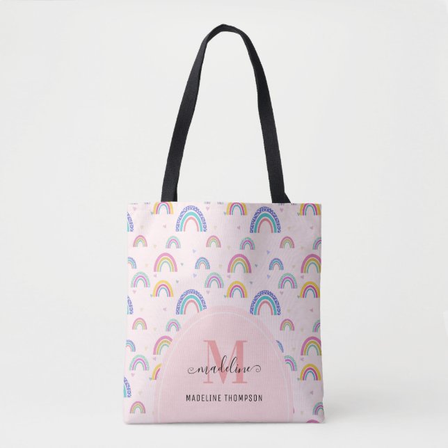 Chic Rainbow Heart Script Monogram Boho Rosa Tygkasse (Framsida)