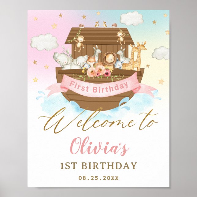 Chic Rainbow Noah's Ark Girl 1st Birthday Welcome Poster (Framsidan)