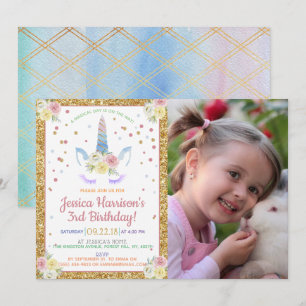 Chic Rainbow Watercolor Unicorn Photo Birthday Inbjudningar