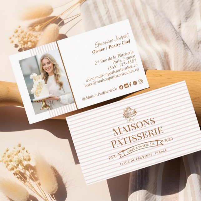 Chic randig blommig Cupcake konditori Cake Bakery  Visitkort (Chic Stripe Floral Cupcake Pastry Cake Bakery Shop Business Card)