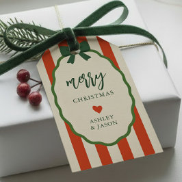 Chic Randig Röd & Grön Retro God Jul Presentetikett