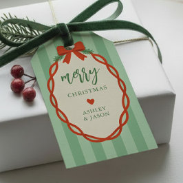 Chic Randig Röd & Grön Retro God Jul Presentetikett