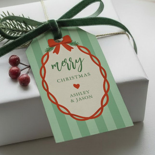 Chic Randig Röd & Grön Retro God Jul Presentetikett (Skapare uppladdad)