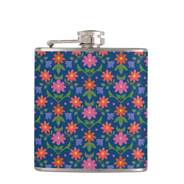 Chic Rangoli Flowers Polka dots på Blue Hip Flask Fickplunta (Framsidan)