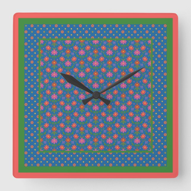 Chic Rangoli Flowers, Polka dots Square Wall Clock Fyrkantig Klocka (Framsida)