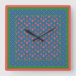 Chic Rangoli Flowers, Polka dots Square Wall Clock Fyrkantig Klocka