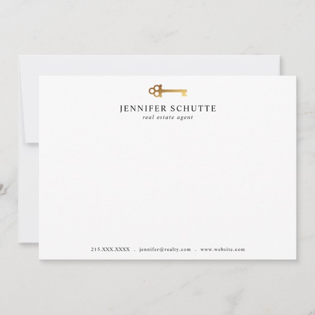 Chic Realtor Stationery för Faux Guld Nyckel Perso Anteckningskort (Framsida)