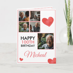 Chic Red 5 Photo Collage 100 Birthday Kort