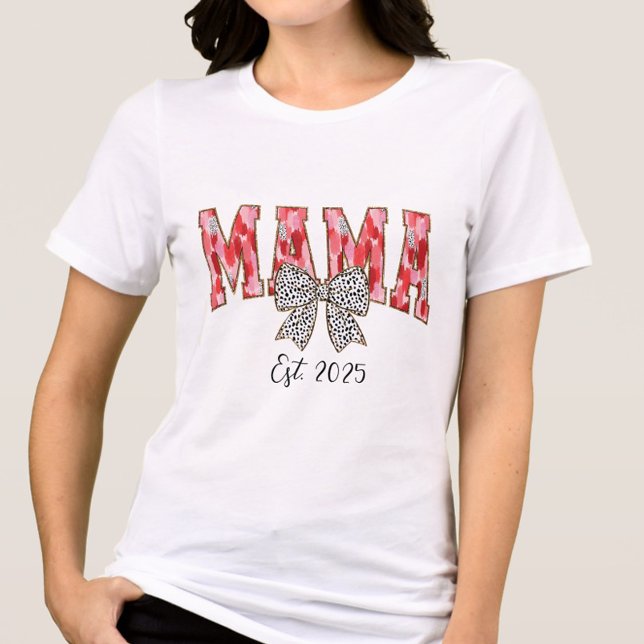 Chic Red and Rosa Coquette Bow Mamma T Shirt (Chic brushstroke “Mama” shirt with glitter accents, a coquette bow, and custom “Est. [Your Year].”)