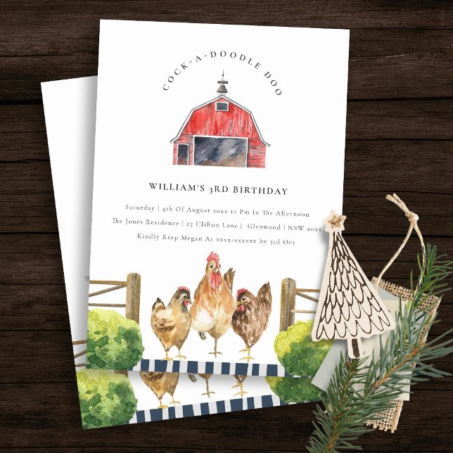 Chic Red Barn Chicken Farm Watercolor Birthday Inbjudningar (Skapare uppladdad)