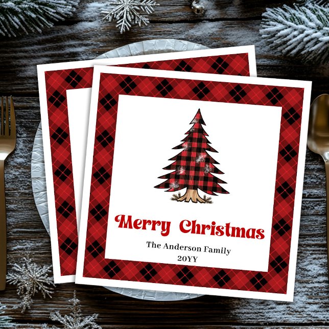 Chic Red Black Plaid Christmas Napkin Personalized Pappersservett (Chic Red Black Plaid Christmas Napkin Personalized)