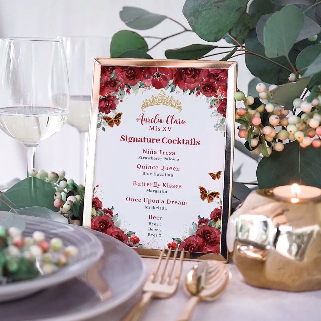 Chic Red Blommigt Guld Quinceanera Pub Drink Menu Fototryck (Skapare uppladdad)