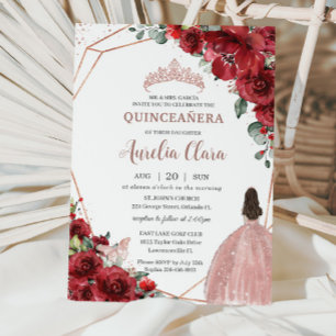 Chic Red Blommigt Ro Guld Girl Dress Quinceañera Inbjudningar